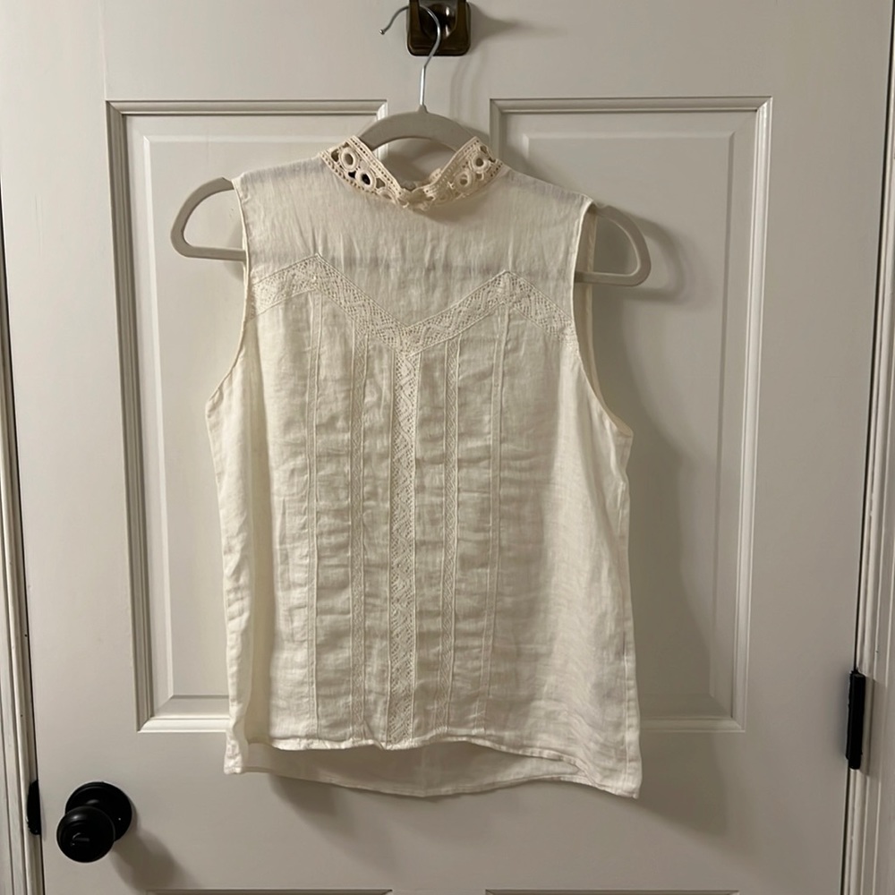 Zara Basic XS white detailed top with high neck with detailed sand colored linen